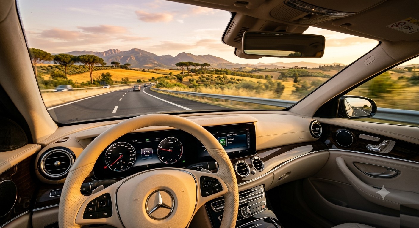 Vista dall'interno di una Mercedes in viaggio sull'autostrada A12 verso Roma