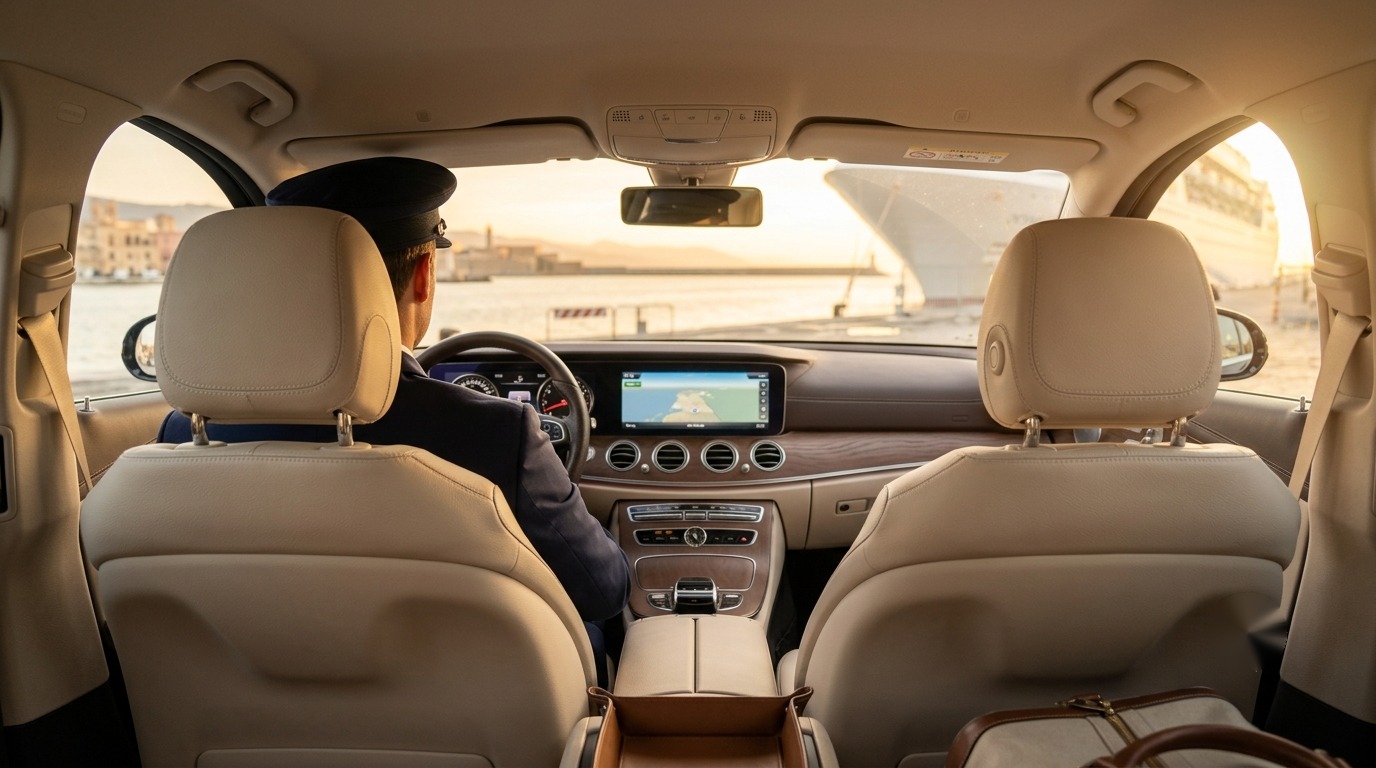 Interno della Mercedes CivitaDriver con vista sul porto di Civitavecchia attraverso il parabrezza