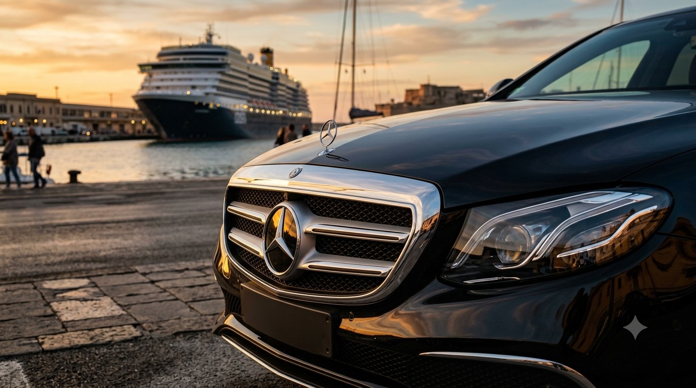 Mercedes CivitaDriver al porto di Civitavecchia al tramonto