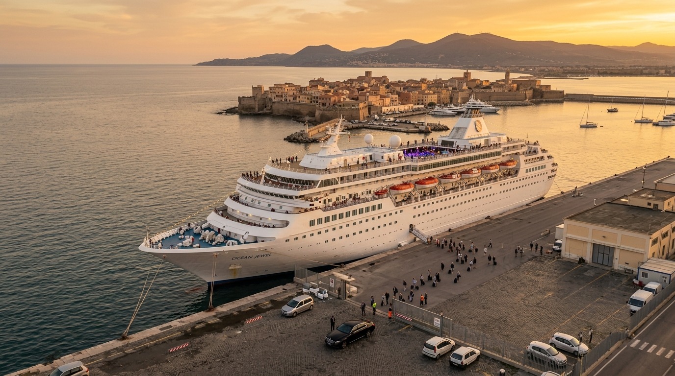 Vista aerea del porto di Civitavecchia con nave da crociera alla banchina e Mercedes nera in primo piano