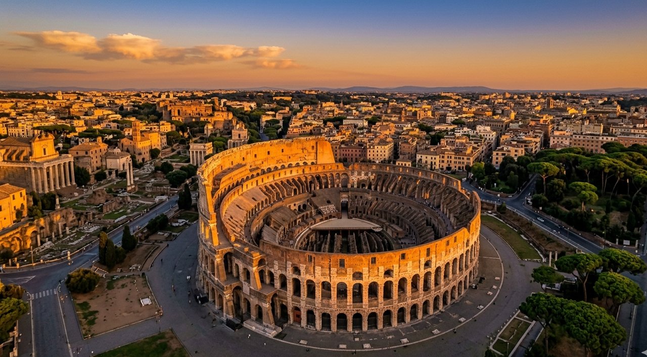 Aerial view of the Colosseum Rome at sunset — no crowds, ancient stone glowing gold