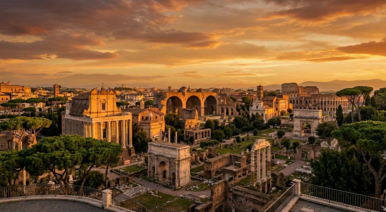 Panoramic view of the Roman Forum and Colosseum from Capitoline Museums at sunset