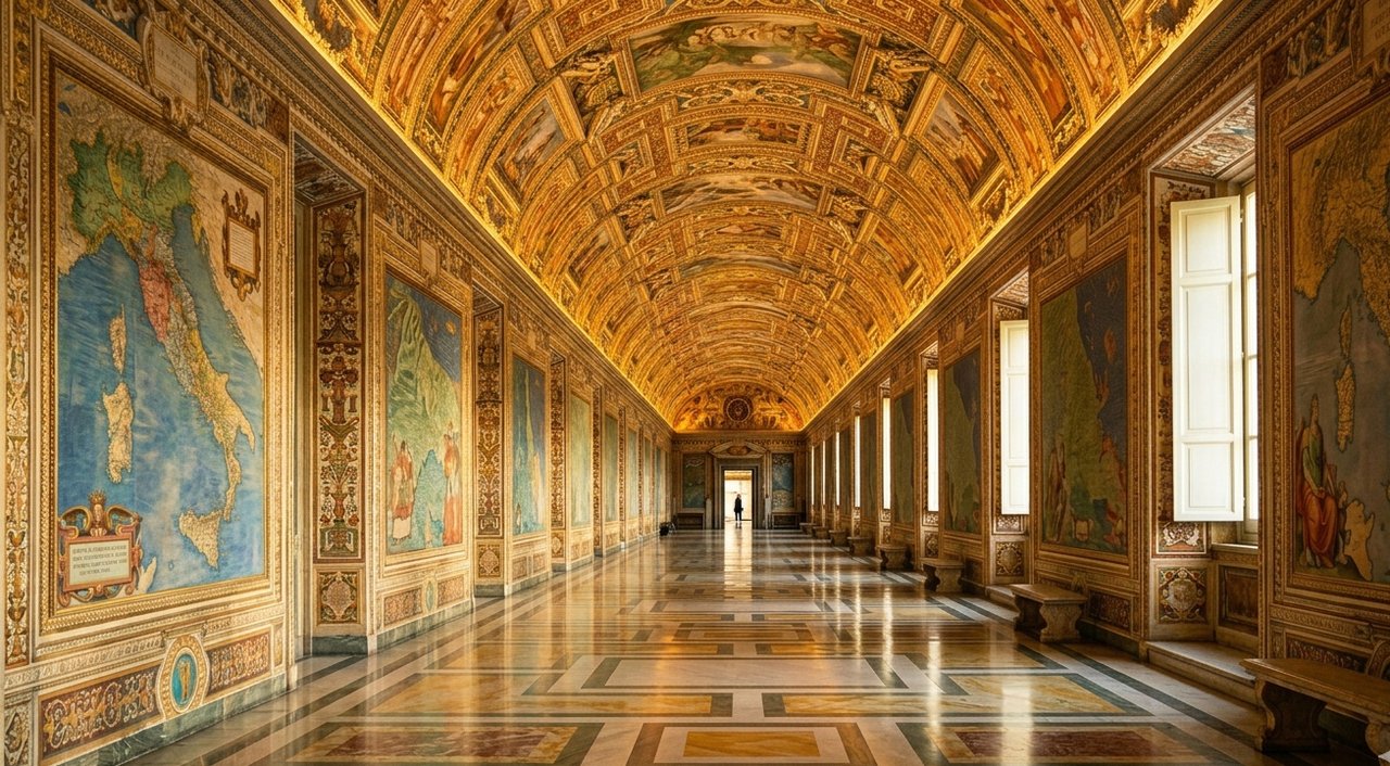 Gallery of Maps at the Vatican Museums — Renaissance frescoed corridor with empty marble floor