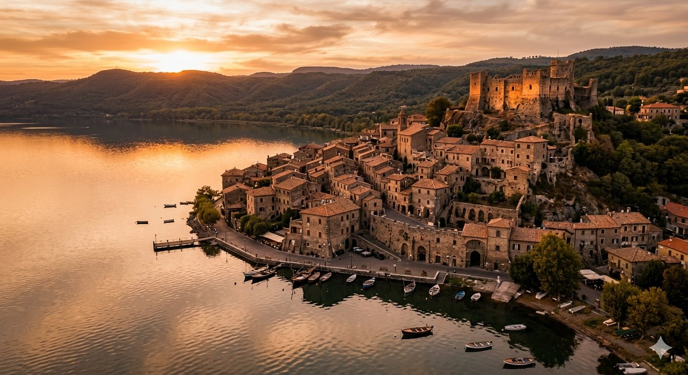 Vista aerea di Trevignano Romano borgo medievale e castello sul Lago di Bracciano all'ora d'oro