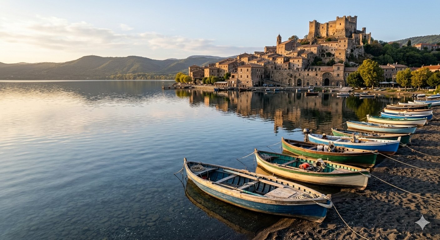 Barche da pesca sulla spiaggia di sabbia vulcanica del Lago di Bracciano a Trevignano Romano