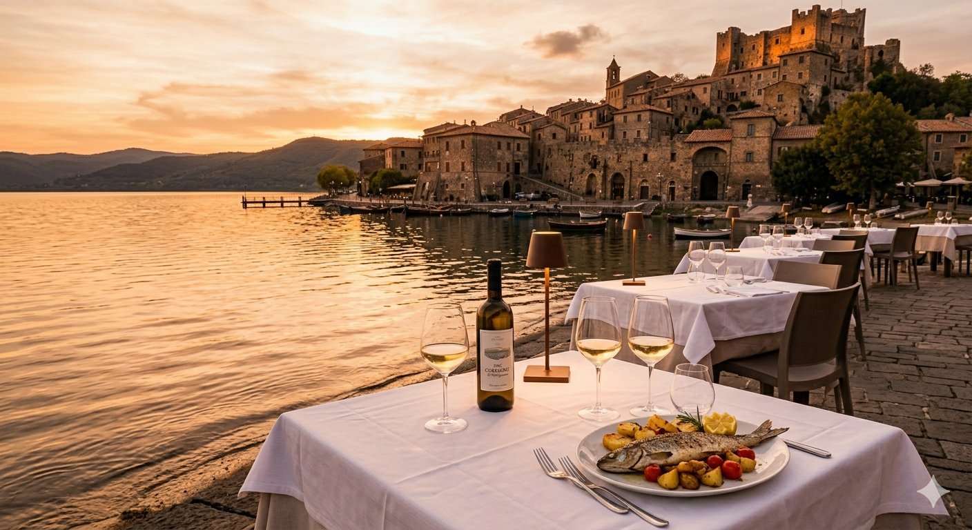 Terrazza di ristorante sul lungolago di Trevignano Romano con pesce di lago, vino bianco e borgo medievale sullo sfondo