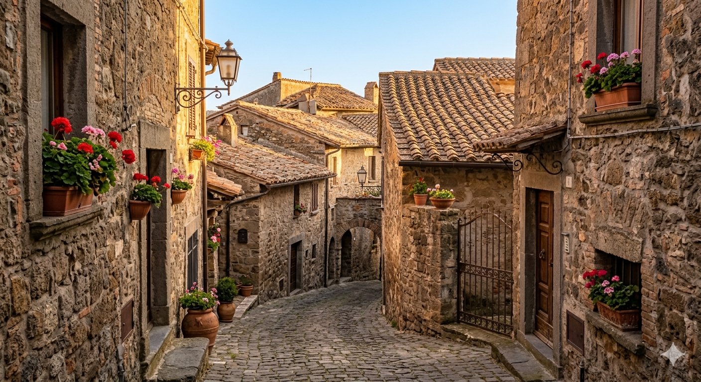 Vicolo medievale di Trevignano Romano con gerani, tetti di terracotta e arco in pietra