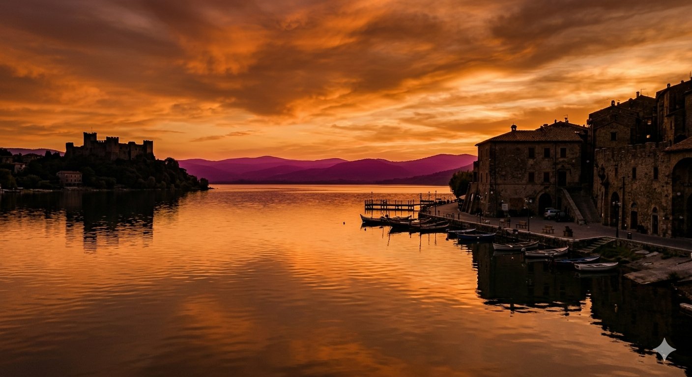 Trevignano Romano al tramonto sul Lago di Bracciano con barche da pesca e rovine del castello riflesse nell'acqua
